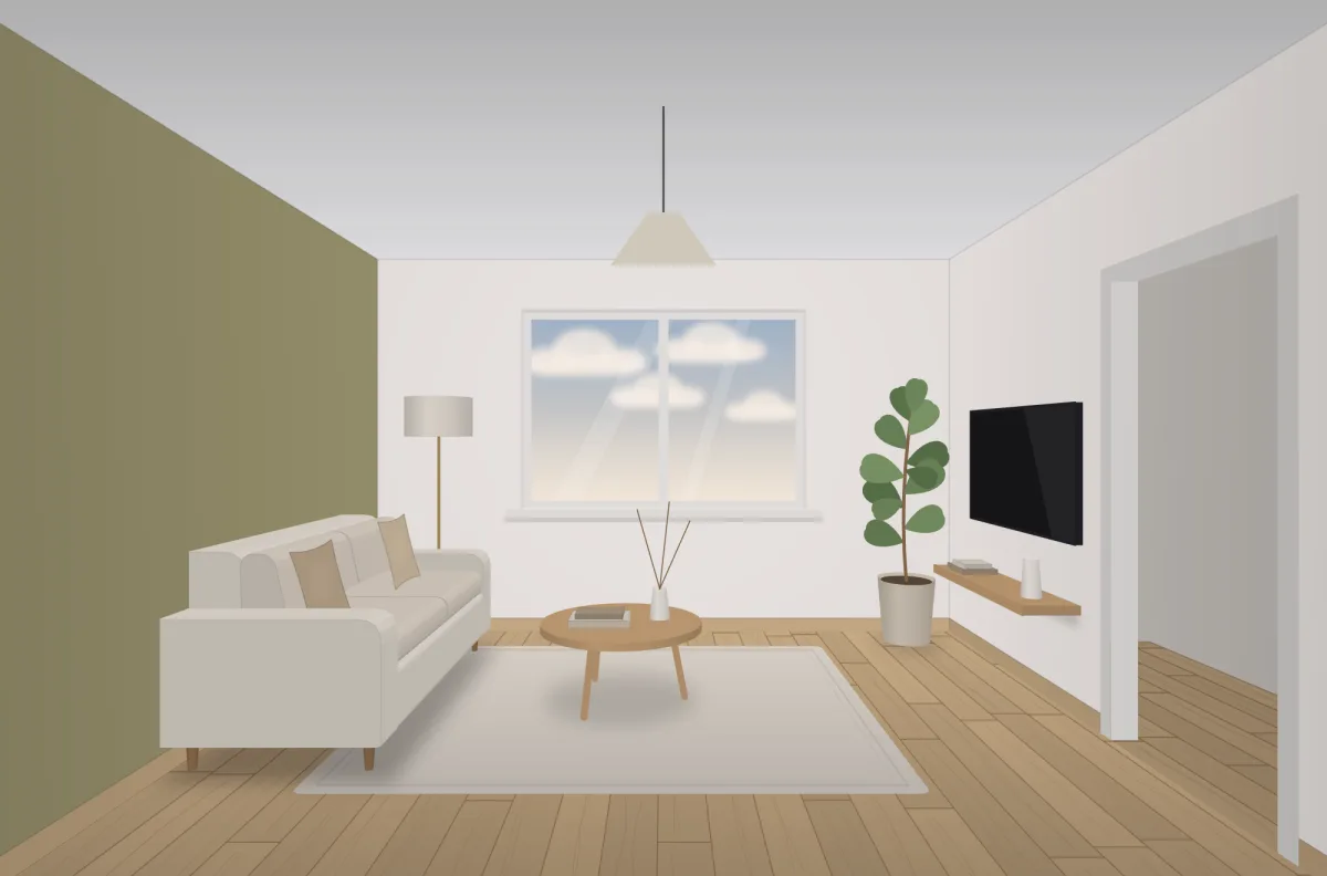 Vista del simulador de pintura con una habitación pintada y las propuestas de color
