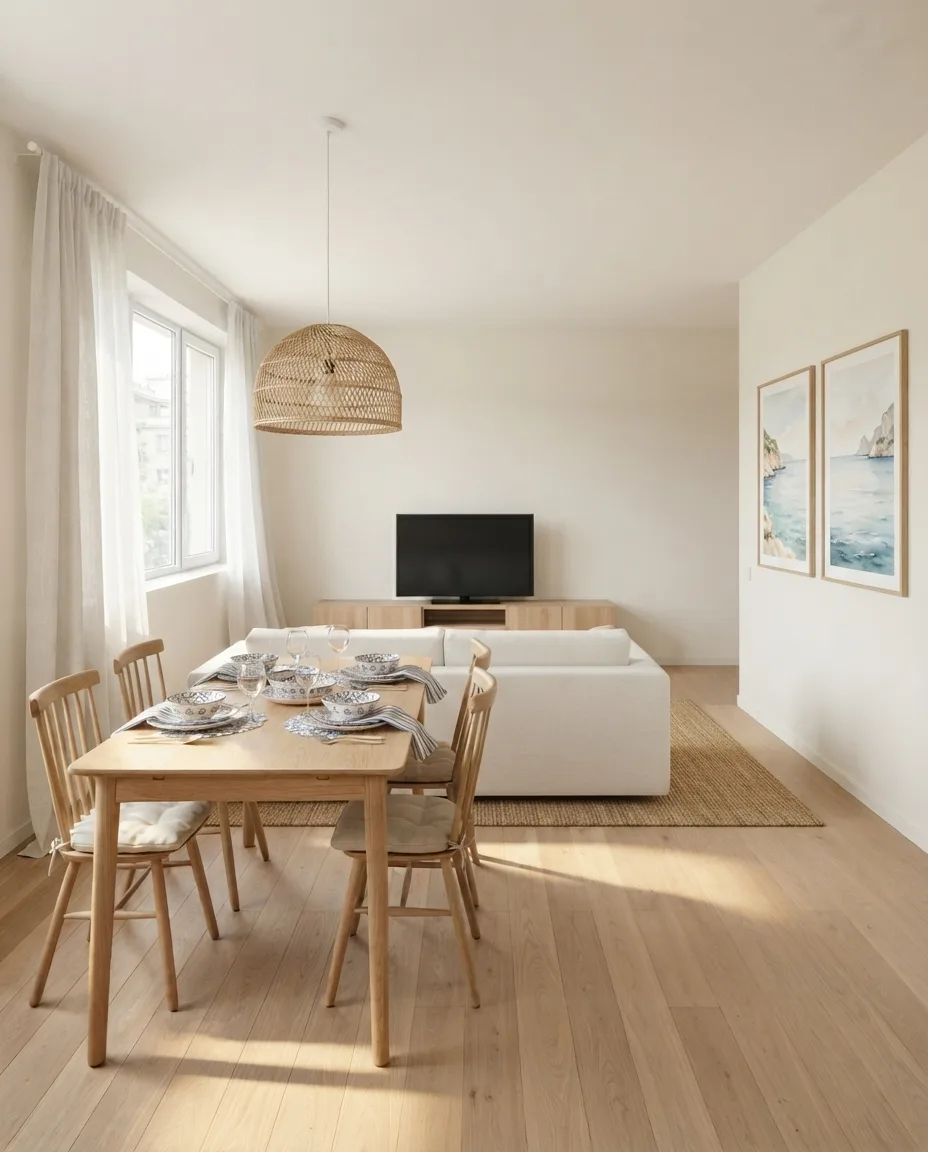 Salón-comedor luminoso con sofá beige claro, mesa y silla de madera estilo mediterráneo, lámparas de yute y dos cuadros del mar en la pared