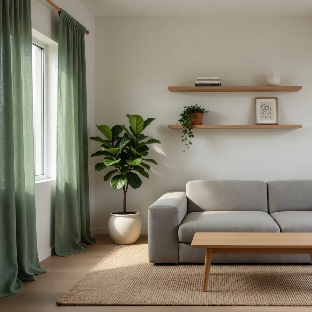 Mismo salón con cortinas verdes y una planta
